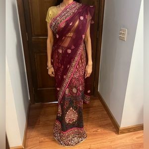 Maroon net sari with sequin detail cloth printed front with sequin lining